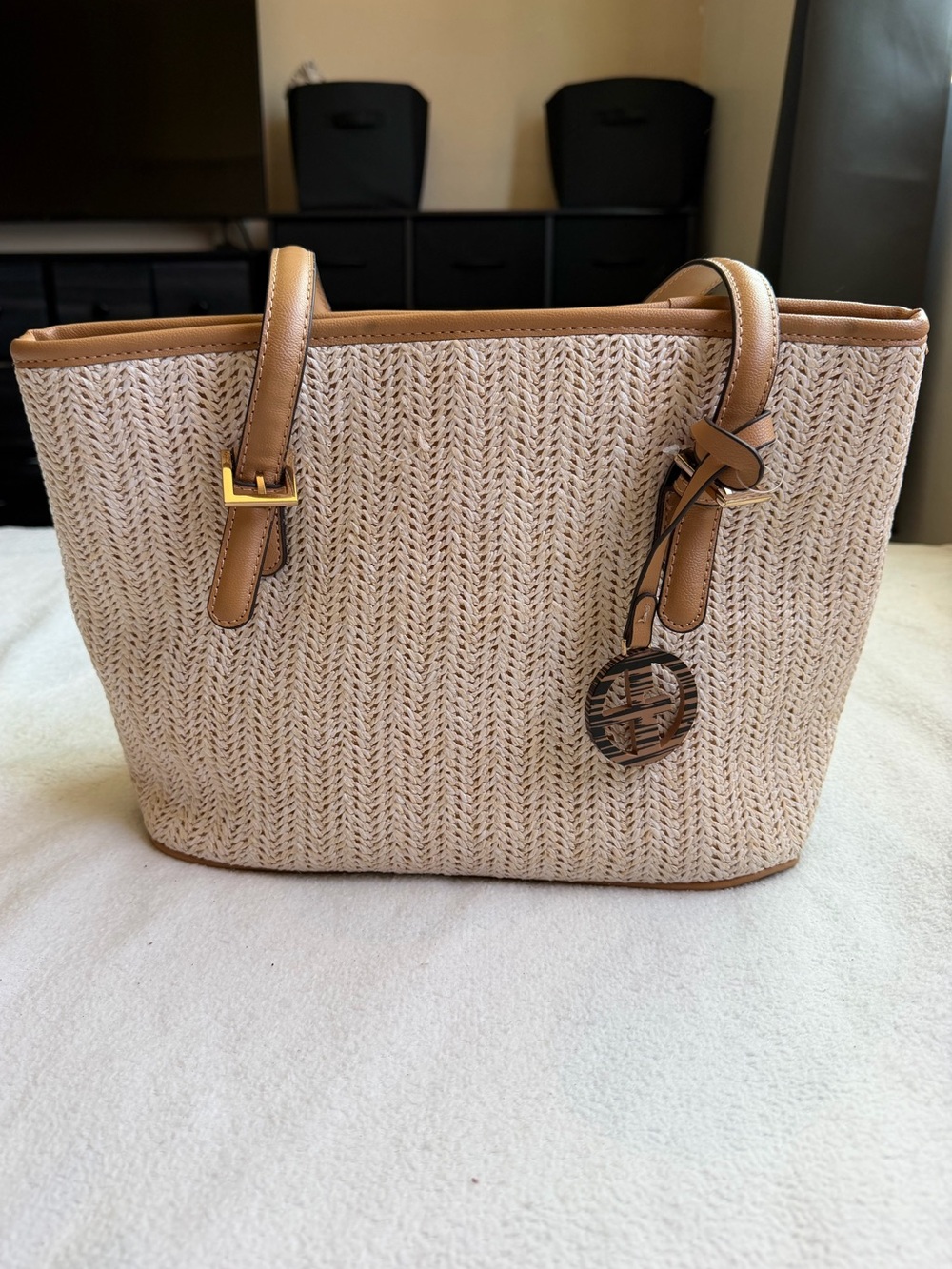 Giani Bernini Beige Raffia Tote with Tan Trim and Charm
